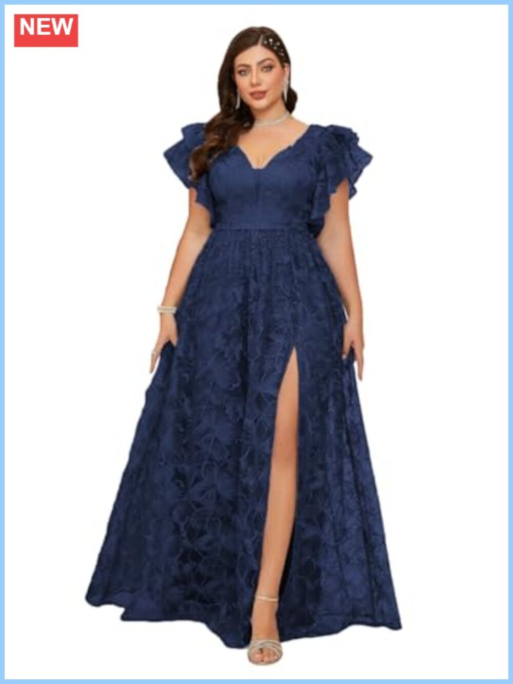 Plus Size V Neck Embroidered Lace Maxi Dress High Slit Formal Evening Gown